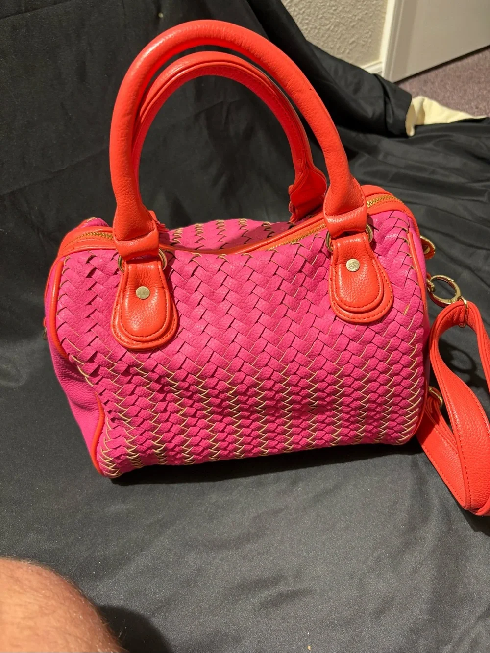 Deux Lux Hot Pink and Coral Woven Satchel with Shoulder Strap